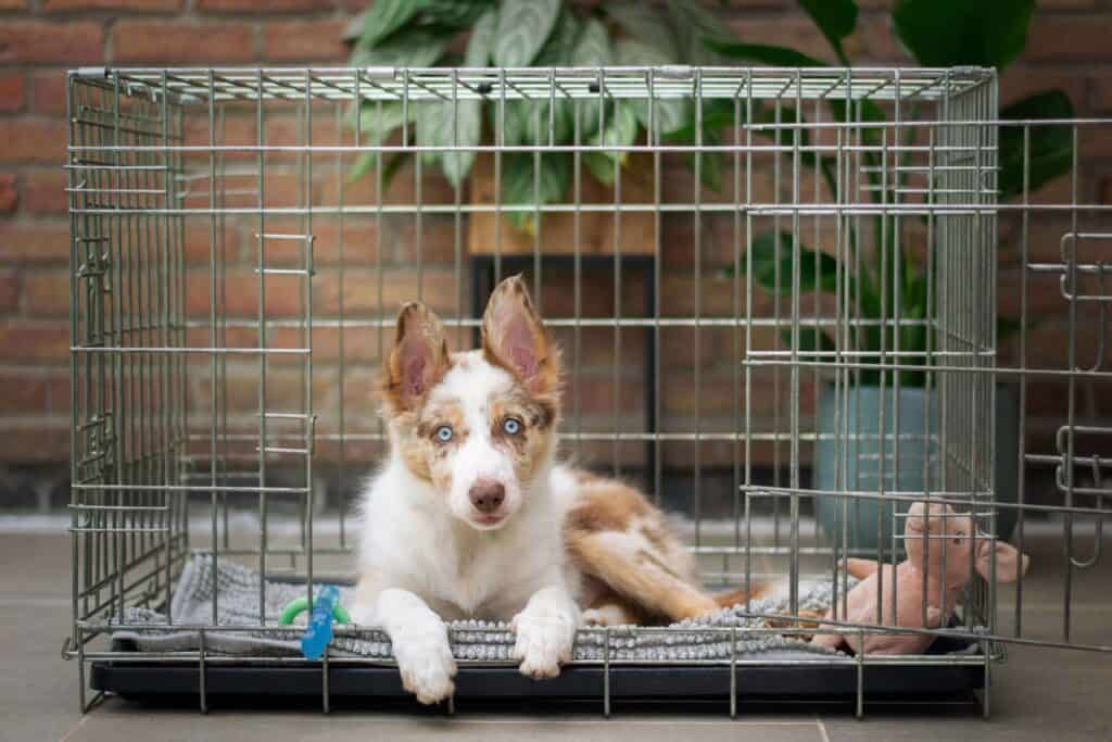 Young Border Collie Puppy Relaxing in Dog Crate